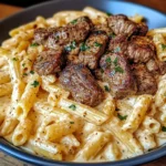 Cajun Steak Tips with Penne in Creamy Parmesan Cheese Sauce