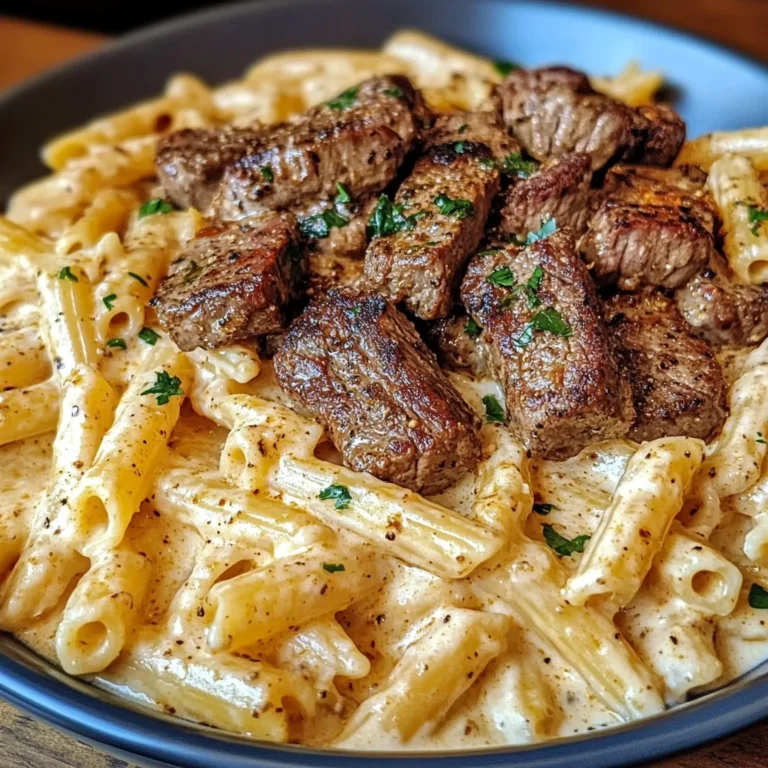 Cajun Steak Tips with Penne in Creamy Parmesan Cheese Sauce