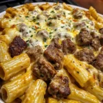 Cheesy Beef Rigatoni in Garlic Cream Sauce