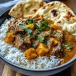 Coconut Beef Curry with Fragrant Basmati Rice and Naan