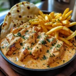 Creamy Butter Chicken with Garlic Drizzle, Golden Fries & Warm Naan
