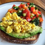 Rainbow Avocado Toast with Scrambled Eggs & Veggie Medley