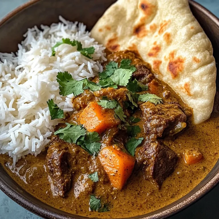 Slow-Cooked Beef in Creamy Coconut Curry with Rice and Garlic Naan