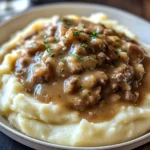 Delicious chicken hamburger Gravy Over Mashed Potatoes