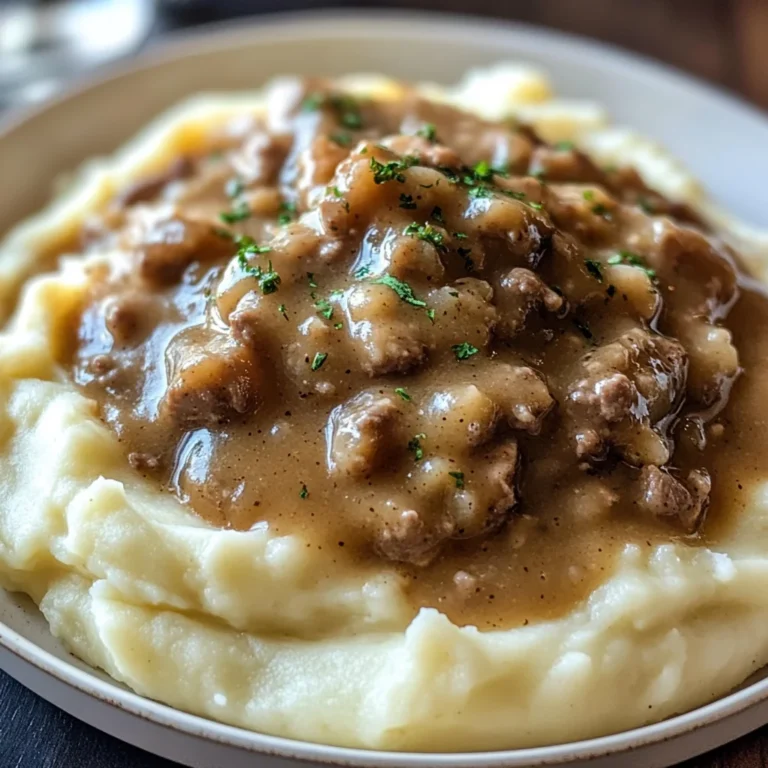 Delicious chicken hamburger Gravy Over Mashed Potatoes