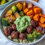 Barbecue Meatball Bowls with Avocado Goddess Sauce